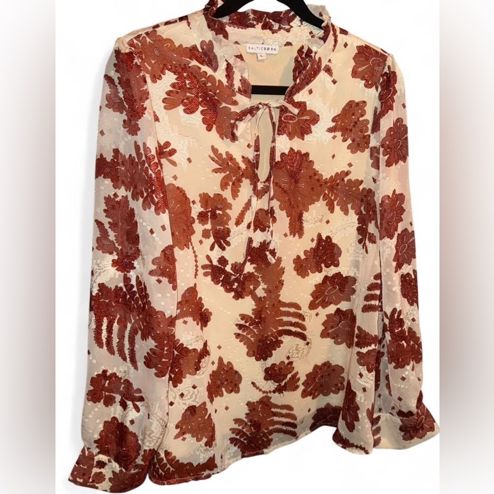 Baltic Born Women Large Reddish Brown Metallic Floral Blouse Ruffle Collar Sheer - Picture 3 of 9